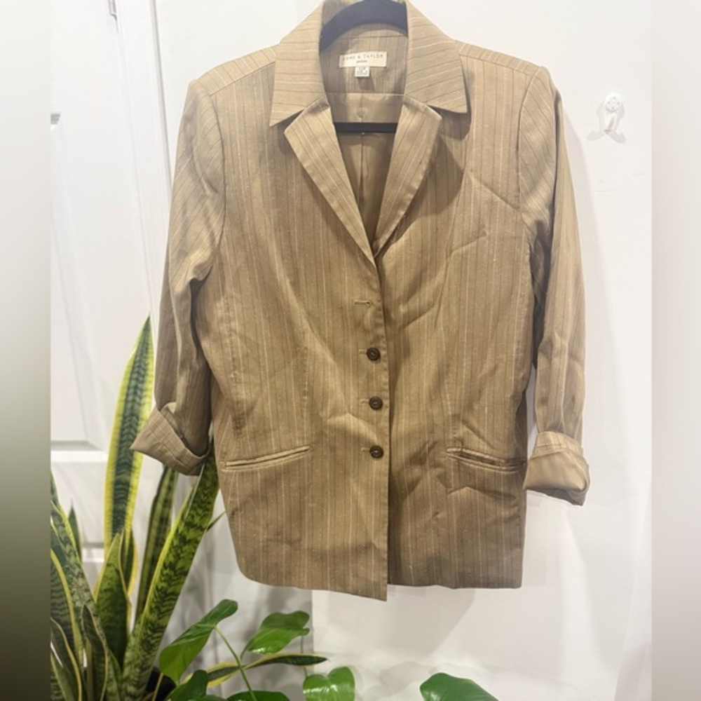 Vintage Lord & Taylor‎ Beige Pinstripe Skirt Suit  Petite  Classic Business